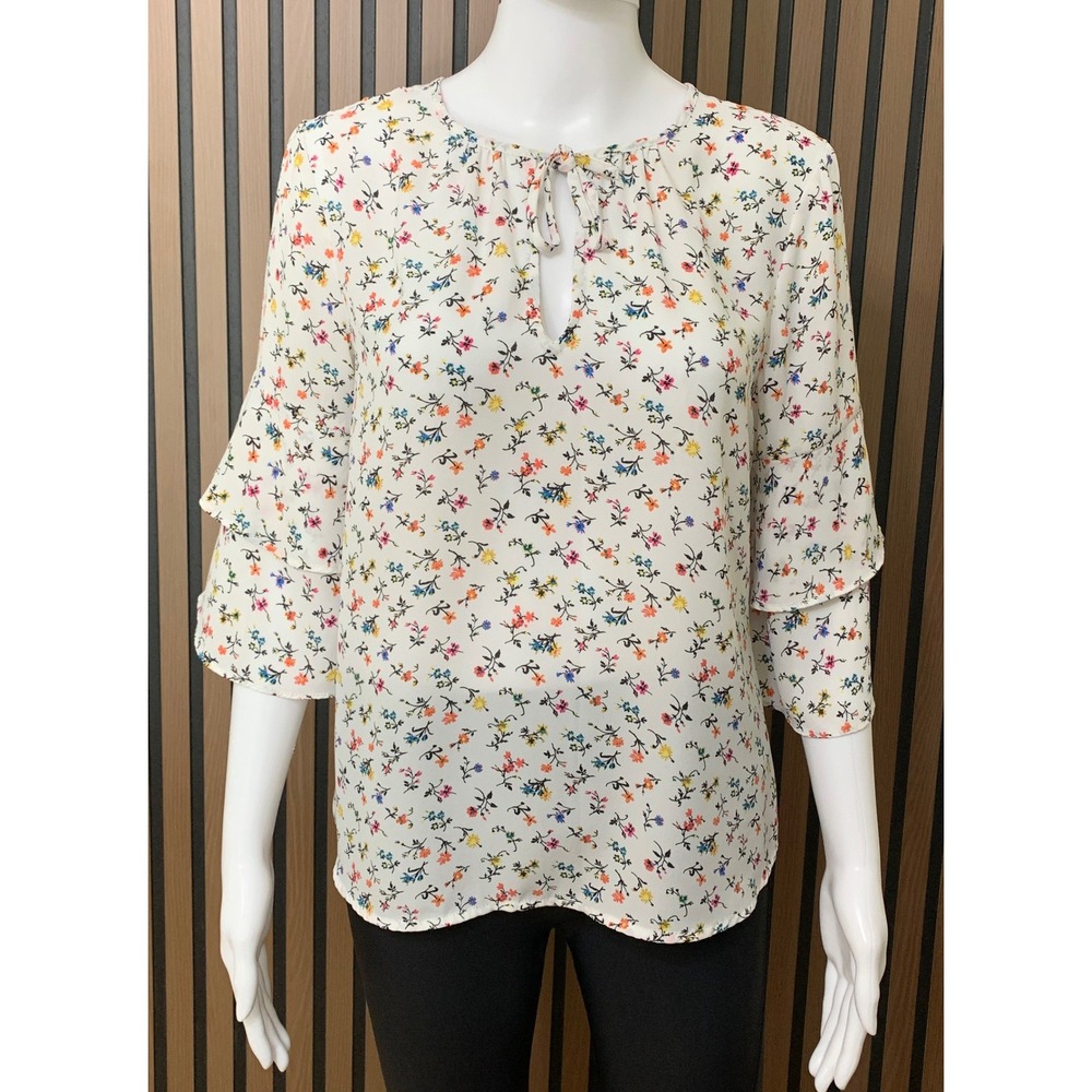 Gap Women's Small Floral Blouse White Ruffle Tiered Sleeve Keyhole Tie Top